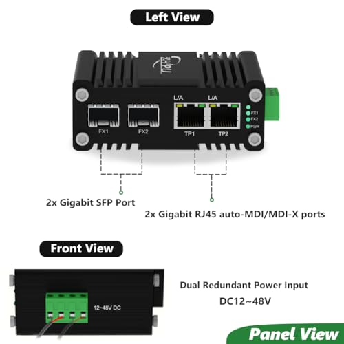 Image of Mini Industrial 2 Port Ethernet Switch with 2 SFP Slot, Hardened Gigabit Networking Switch Supporting Din-Rail, 12~48VDC Power Input, -40F to 176F, IP40 Rated Thicked Housing