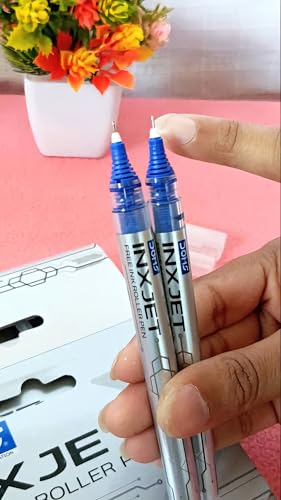 Image of Doms INXJET Roller Pen| 0.5mm Needle Tip, Precision Ink Regulator, Visible Level| Comfortable Grip For Long & Smooth Writing| Pocket Clip| Ink Colour- Blue| Pack of 10