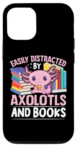 Carcasa para iPhone 14 Pro Axolotl Lover Funny Easily Distracted by Axolotls and Books