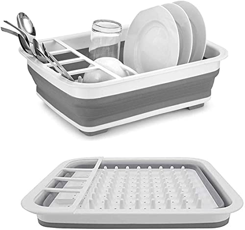 Image of Collapsible Dish Drainer /Dish Drying Rack with Spoon Storage Holder Utensil Dinnerware Travel Organizer - Heavy Duty Plastic & Silicone (PP + TPE) - Dishwasher Safe for Easy Cleaning