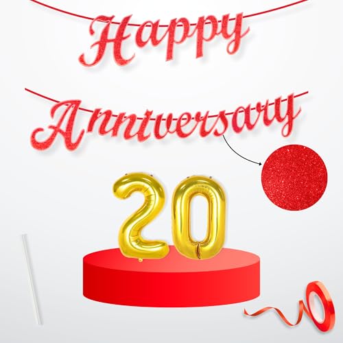 Image of Flyloons 20th Happy Anniversary Banner Red Decorations Kit for Men Women Wedding Anniversary Banner Items without Balloons