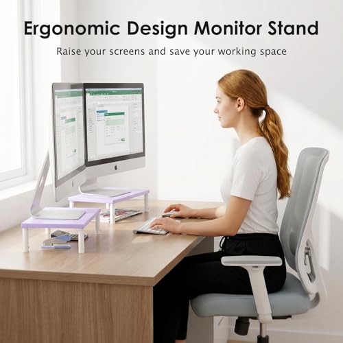 Image of ECOLOVI Adjustable Wood Computer Monitor Stand Riser, Office Desk Organizer and Accessories for Monitor, Laptop, PC, Printer, Office Desk Accessories Workspace Organizer for Home Office Supplies, Purple