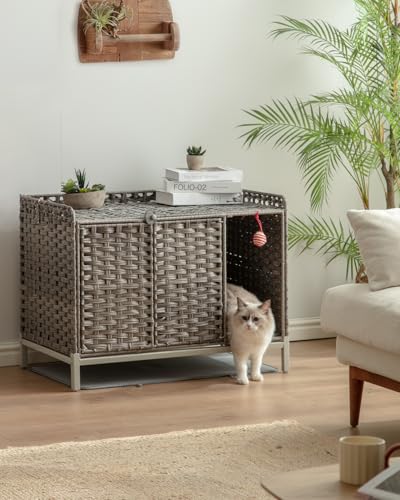 Image of SETVSON Cat Litter Box Enclosure Furniture with Divider, Handwoven Rattan Litter Box with Mat, 31.2 x 19.6 x 24.2 Inches, Metal Heightened Feet, Hidden Cat House for Living Room, Bedroom (Gray)
