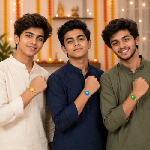 Image of Handmade Crochet Rakhi Set of 3 with Pearl Design for Boys & Kids