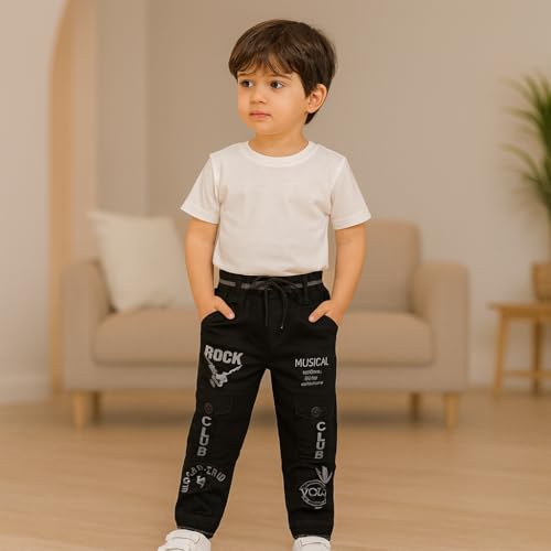 Image of Stylish Printed Joggers with Pockets | Soft Comfortable Elastic Waist Lower | Casual Outdoor Wear Trousers for Daily Use |Pack of 1 Boys Premium Cotton Satin Jeans Cargo Track Pants for Kids 2-7 Years