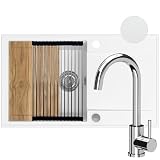 SINK QUALITY Lavello bianco con rubinetto, 78 x 46 cm, lavello con rubinetto, tagliere, sifone PUSH, scolapiatti, impregnante – Set completo per mobile da cucina da 60 pezzi