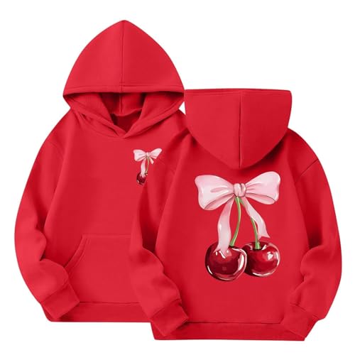jieGorge Cute Cherry Hoodie for Girls Bow Graphic Hoodies Sweatshirt Kids Long Sleeve Pullovers Tops with Pockets Teens Boys Girls Casual Comfortable Clothes Red