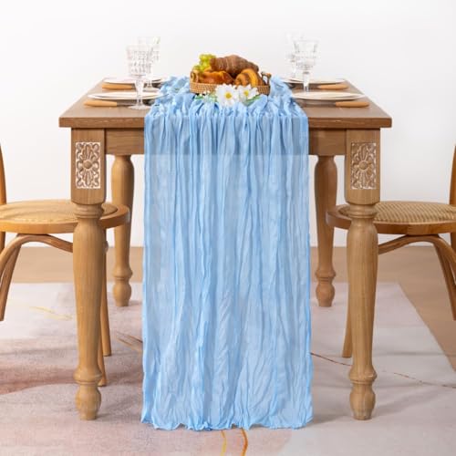 Image of MLMC 6 Pack Baby Blue Cheesecloth Table Runner Baby Blue Table Runner 10ft Sheer Rustic Cheese Cloth Baby Shower Decorations 65x120 Inches for Birthday Gender Reveal Baby Shower Wedding Decor