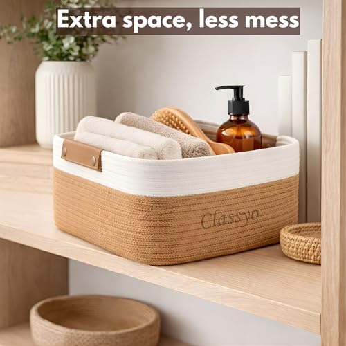 Image of Classyo Cotton Jute Basket for Storage (Pack of 2-12 X 8 X 5 INCH), Jute Storage Basket Ideal for Organization & Gift Hampers | Storage Box Shelf Baskets for Kitchen (Beige and White)