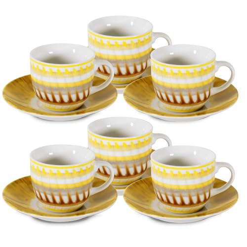 ARCA, Set 6 Tazzine da Caffè Apulia II con Piattino, Realizzate in Porcellana Decorata, Capacità 90 ml, 11x6 cm, Giallo