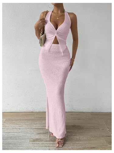 Image of SOLY HUX Women's Two Piece Outfits Twist Front Halter Cami Tops and Skirt Summer Set