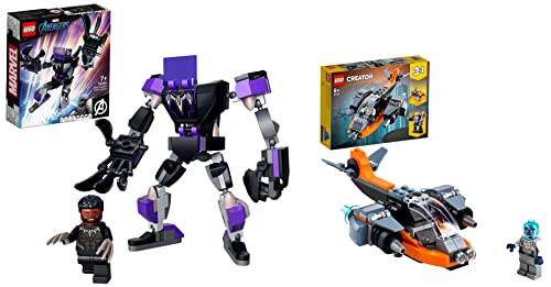 Image of LEGO Marvel Black Panther Mech Armour 76204 Building Kit+3 in 1 Cyber Drone Building Set with Cyber Mech and Scooter-(Set of 2Toys)