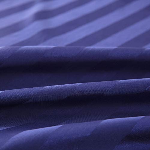 Image of Satin-Silk Sheets King Size Bed Set, Navy Blue Soft Cooling Deep Pocket King Sheets, Hypoallergenic, Wrinkle and Fade Resistant Bedding Set, 3 Piece, Striped
