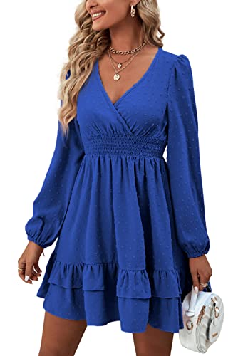 Rooscier Mini-jurk voor dames, V-hals, ruches, lange mouwen, , XXL