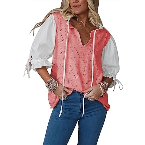 KINLONSAIR Womens Summer Puff Half Sleeve Shirts V-Neck T-Shirt Lightweight Pullover Sweater Soft Knit Tops Rose Red Cover