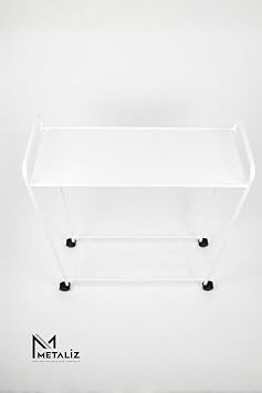 Metaliz Concept Tekerli Modern Metal Elbise Askılığı - Katlı Raflı Portatif Giysi Standı, Beyaz Renk