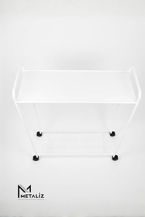Metaliz Concept Tekerli Modern Metal Elbise Askılığı - Katlı Raflı Portatif Giysi Standı, Beyaz Renk