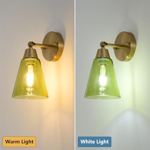 Image of MWZ Gold Wall Sconce Decor Set of 2,Modern Brushed Brass Sconces Lighting with Green Glass Shade,Bathroom Light Fixtures Over Mirror,Vanity Lights Over Sink,Indoor Wall Mount Adjustable Angle Lamp