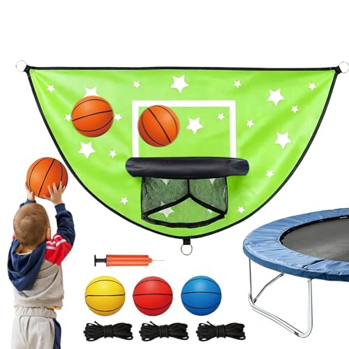 Trampoline Basketball Set - Adjustable Hoop System, Kids Play Kit with Safety Net Fit, Jumping Game with Soft Mini Ball, Backyar