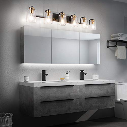 SOLFART Vintage Wall Vanity Lights for Bathroom Vanity Light 40 inch Black Globe Light Metal with Clear Glass Brass Fixtures Wall Mount Lighting Sconce 6 Light