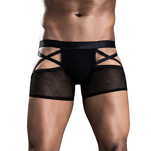 Men Butt-Flaunting Jockstraps Underwear Breathable Mesh Lace Boxer Briefs Bottomless Shorts Backless Gay Underpants