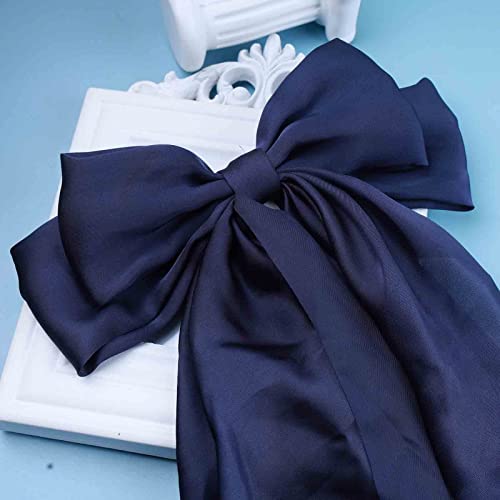 Allereyae Vintage Large Silk Bow Hair Clip Barrette French Silk Bow Head Clip Blue Ribbon Bow Hair Barrette Headpieces Silk Bow Hair Accessories For Women And Girls (Blue) #TOP3