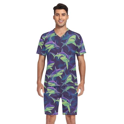 Shark Animal Men’s Pajama Sets Short Sleeve Lounge Wear with Elastic Waistband and Drawstring4
