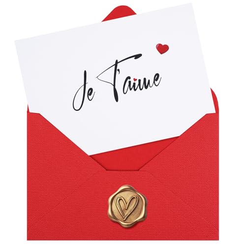 Carte Je T'aime avec Enveloppe en Lin et Cachet Cire - Message d'Amour Romantique pour Couple, Cadeau Anniversaire, Fiançailles, Saint Valentin, Fête des Mères - Carte Simple 15 x 10.5 cm