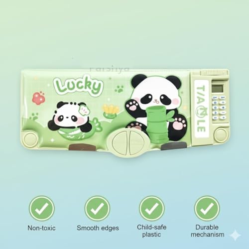 Image of Sanghariyat Magnetic Multifunctional School Pencil Box with Calculator Cute Cartoon Stationary Large Capacity Compass Geometry Kids Scissor Ruler Eraser Magnetic Box Best Gifts (Panda Calculator)