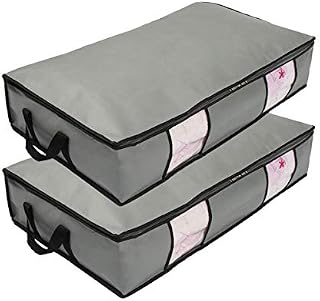 wsryx Underbed Clothes Storage Bags with Zips, 2 Pack Large Under Bed Storage Organiser Boxes Containers Clear Window Bin Bags for Clothes Bedding Comforter (Grey, long)