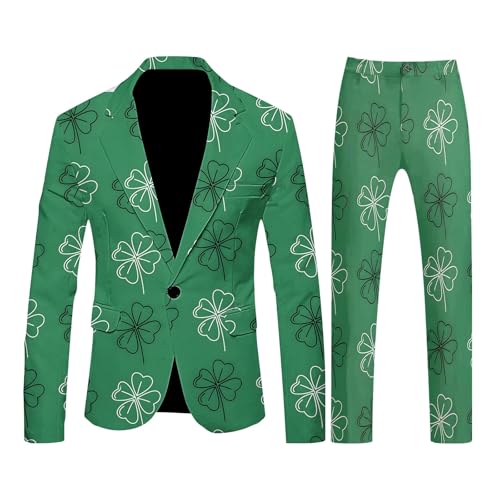 St Patricks Day Suits for Men 2 Piece Set Green Shamrock Print One Button Suit Business Jackets Pants Wedding Party
