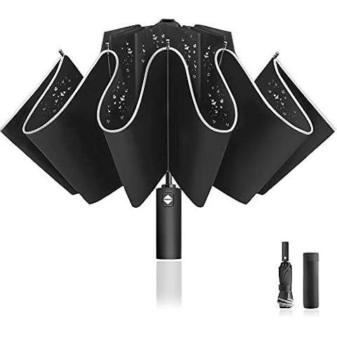 MOSFiATA Inverted Umbrella with 12 High Density Fiberglass Ribs, Auto Open/Close Reinforced Windproof Folding Umbrella with Anti-UVCoating, Travel Umbrella, Reflective Stripes for Night Safety, Black Cover