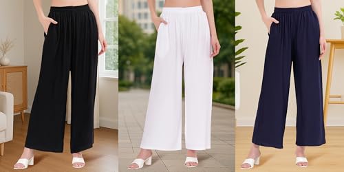 Image of Buy That Trendz Palazzo Pants for Women Rayon Elasticated Regular Fit Flared Wide Leg M to 6XL Pack of 3