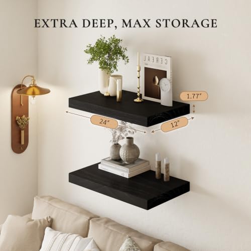 Image of 24 inch Extra Deep Floating Shelves, Set of 2, Black Finish | 24 inchL x 12 inchD x 1.8 inchH, Set of 2, Solid Paulownia Wood, Matte Black Finish, Hidden Brackets, Hardware Included