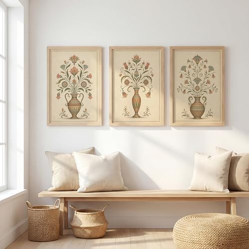 Image of NoWorries Floral Vase Wall Art Set of 3 Framed Prints | Indian Traditional Botanical Painting, Vintage Rajasthani Flower Pot Poster, Ethnic Royal Wall Decor for Living Room Bedroom Home (Synthetic Engineered Wooden Frame) (MIN -7, 13x17 inches)