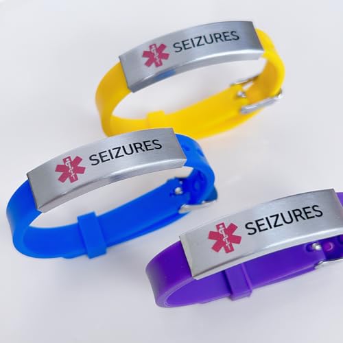 Image of RENYILIN Nine-color eco-friendly silicone bracelet Stainless steel Medical ID Bracelet Adjustable medical alert ID Emergency first aid jewelry (SEIZURES, Black), Uniform size