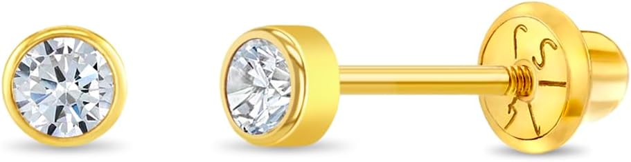 Bezel Simulated Birthstone Kids Earrings - 14k Yellow Gold Earrings for Girls with Secure Screw Backs - Safe & Comfortable for Kids & Little Girls