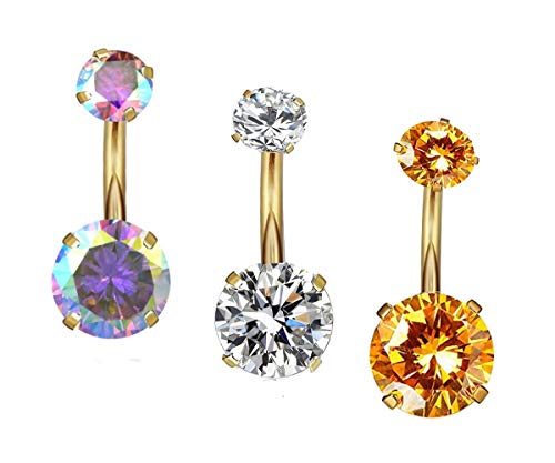 YHMM 14G Surgical Steel Gold Belly Button Rings, Internally Threaded Round CZ Navel Barbell Stud for Women Men, 12mm, Stainless Steel, cubic zirconia