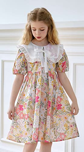 SMILING PINKER Little Girls Floral Dresses Organza Ruffle Peter Pan Collar Puff Sleeves Party Dress with Bowknot2