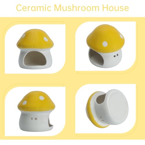 Image of Ceramic Mushroom House Betta Fish Tank Decor - Cute Aquarium Cave Hideout for Shrimp & Small Fish, Non-Toxic Safe Ornament for 5-20 Gallon Tanks (Yellow)