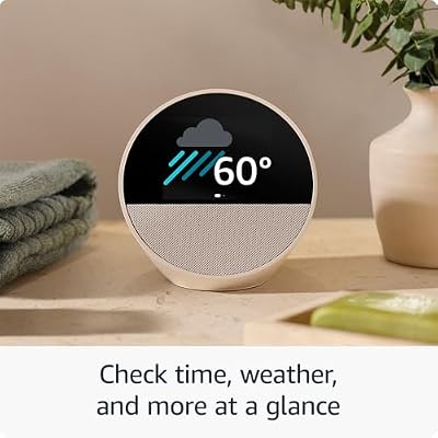 Amazon Echo Spot (newest model) in Glacier White bundle with Amazon Smart Plug, Designed for Alexa+
