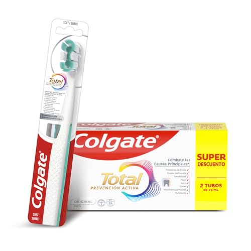 Colgate Total Prevención Activa Original Pasta de Dientes 2x75ml + Cepillo de Dientes Colgate Total Espuma Limpiadora - 24h de Protección antibacteriana - Limpieza Profunda