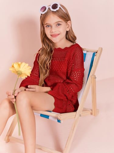Image of Batermoon Girls Crochet Long Sleeve Swimsuit Cover Up Kids Fashion Hollow Out Swimwear Beach Dress 5-14 Years
