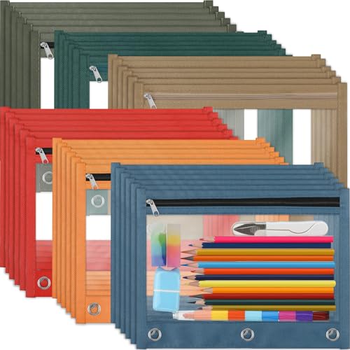 Image of Lincia 36 Pack Pencil Pouches for 3 Ring Binder with Zipper Bulk Binder Pencil Bags, 6 Colors, Binder Pencil Case with Double Sided Clear Window for College Office Supplies(Vintage)