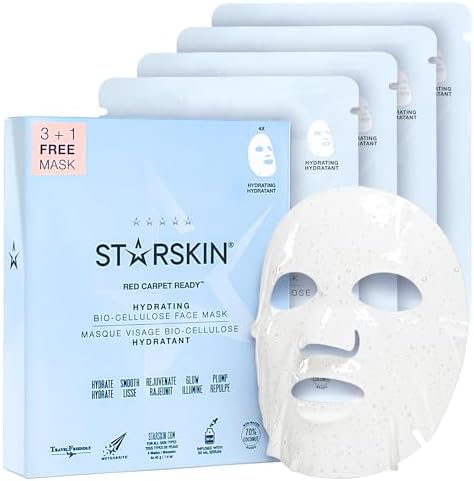 STARSKIN Hydrating Face Mask, Bio-Cellulose & Probiotics, 3+1 Pack, Deep Hydration & Nourishing, Revitalizing & Anti-Aging, Glass Skin, Cooling, Moisturizing, Korean Face Mask, Red Carpet Ready