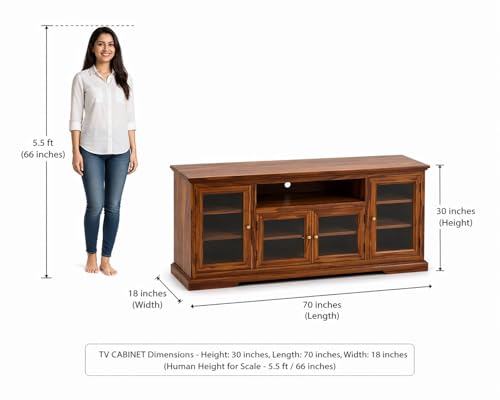 Image of Sheesham Solid Wood TV Cabinet for Living Room | Handcrafted Wooden TV Unit with Storage | Elegant Entertainment Stand for Modern Homes (Glass Tv Cabinet, Honey)