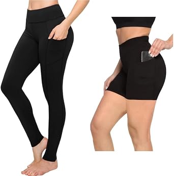 SATINA Black High Waisted Leggings with Pockets One Size and Black Biker Shorts 5" with Pockets Large