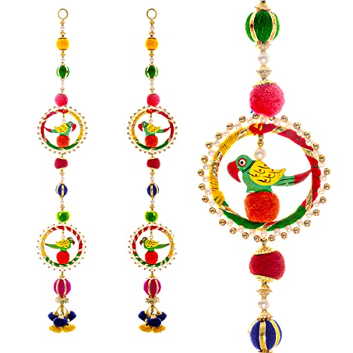 Tarini Gallery Juego de 2 colgantes tradicionales hechos a mano con pompones coloridos para decoración del hogar latkan para el hogar, oficinas, hoteles, colgar en la pared y regalar (anillo de loro) thumbnail