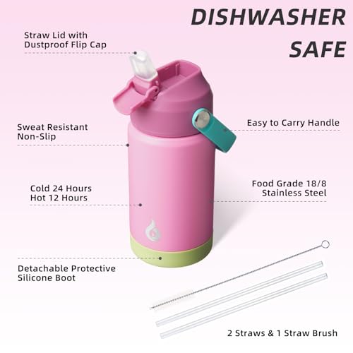 Image of BJPKPK Insulated Water Bottle with Straw Lid, 12oz Thermo Water Bottles, Flex Handle & Non-slip Boot, BPA Free Leak Proof Stainless Steel Metal Thermo, Tumblers, Cups,Rose Pink