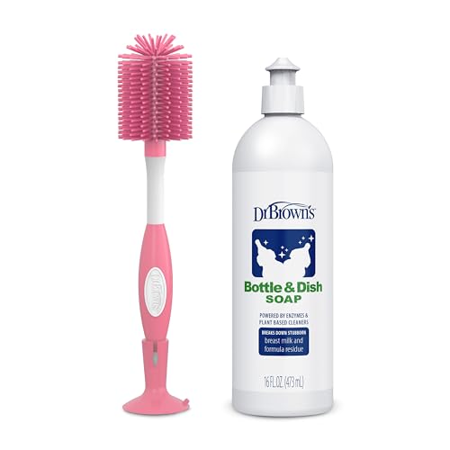 Dr. Brown's Reusable Soft Touch Baby Bottle Cleaning Brush, Pink 1-Pack & Fragrance-Free Dish Soap, 16oz